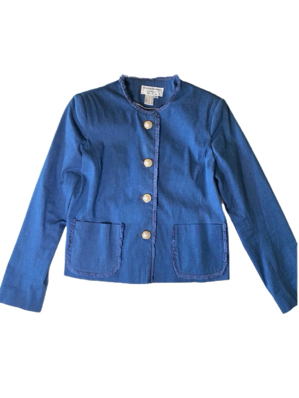 Helene Berman London Blue Collarless Tailored/Pearl Buttons/Fringe Size M